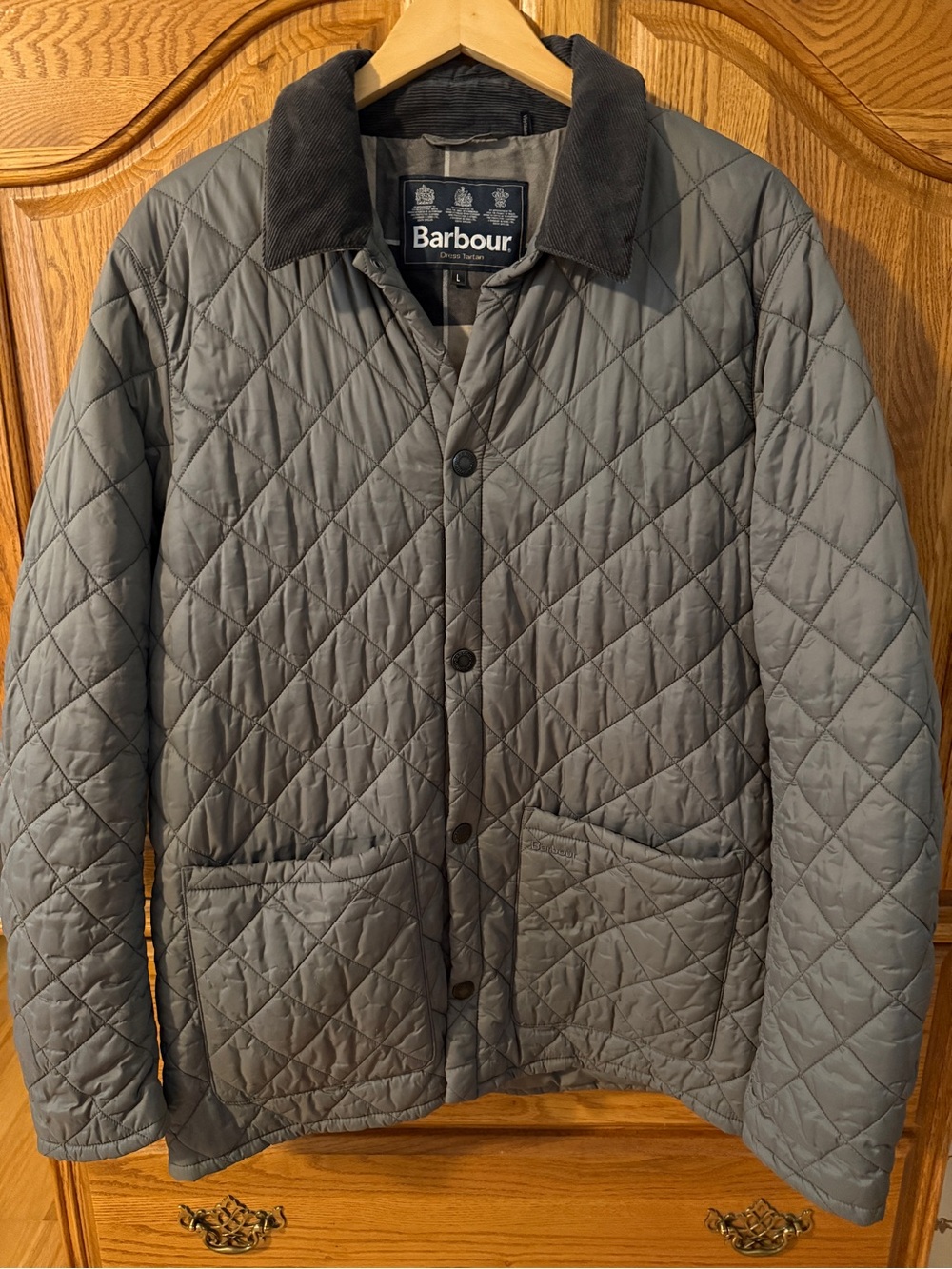 Barbour Pembroke Men’s Quilted Jacket Gray with Corduroy Collar Size Large